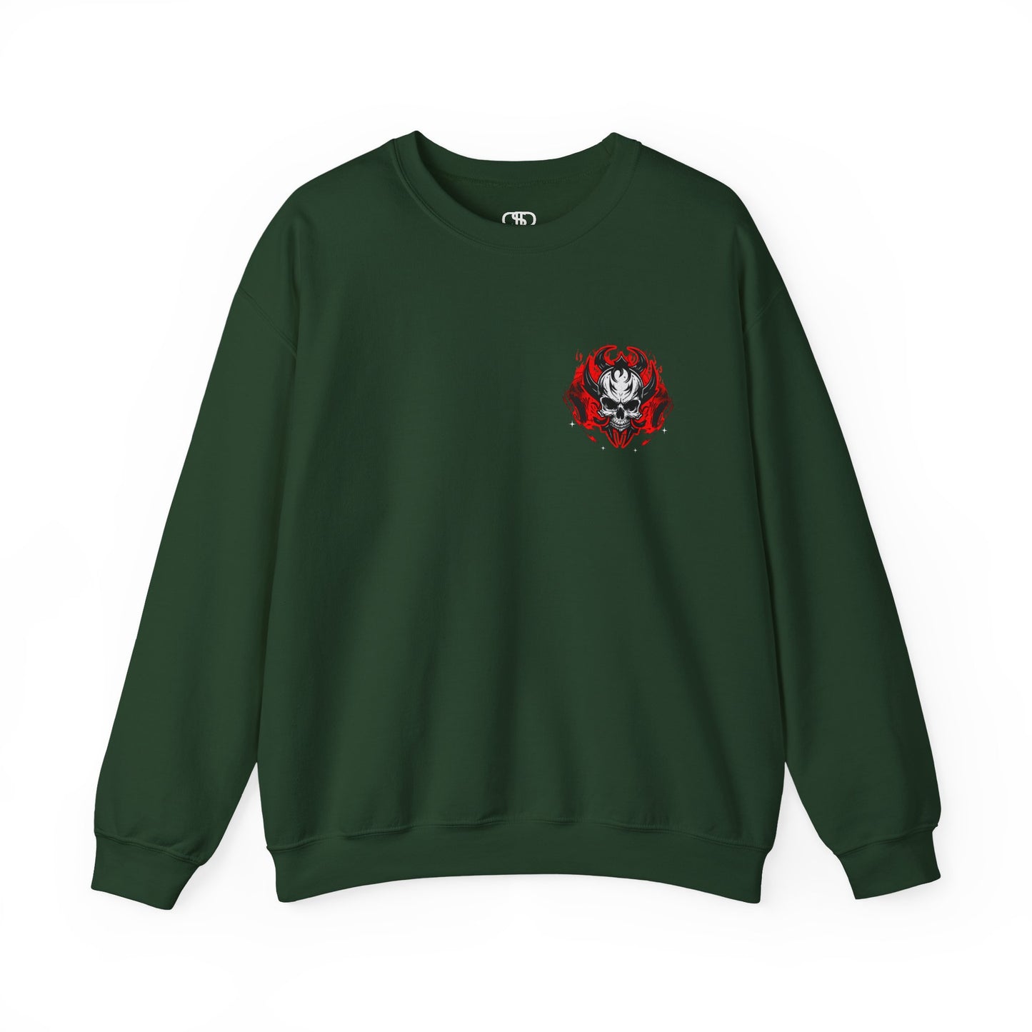 A Forest Green Sweater with a gothic skull design, red ghostly aura, and "Ego Death" text for spiritual rebirth.