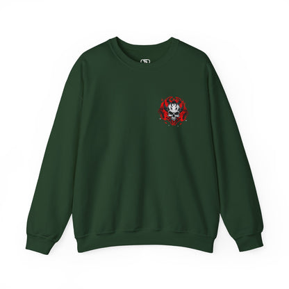 A Forest Green Sweater with a gothic skull design, red ghostly aura, and "Ego Death" text for spiritual rebirth.