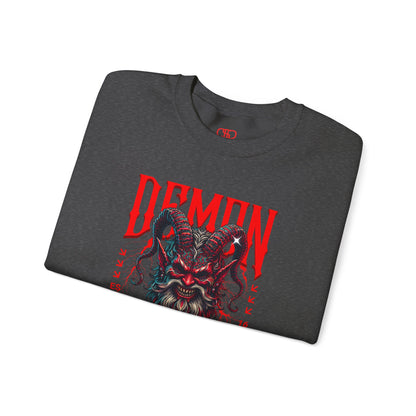 A folded heather gray sweater featuring a Red horned demon head with "Demon Wrath" text and lightning, gothic horror apparel design.