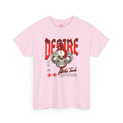 A light pink t-shirt featuring a Horned skull with glowing eye and red snake wrapped around it, "Desire Death's Touch" text, gothic t-shirt design.