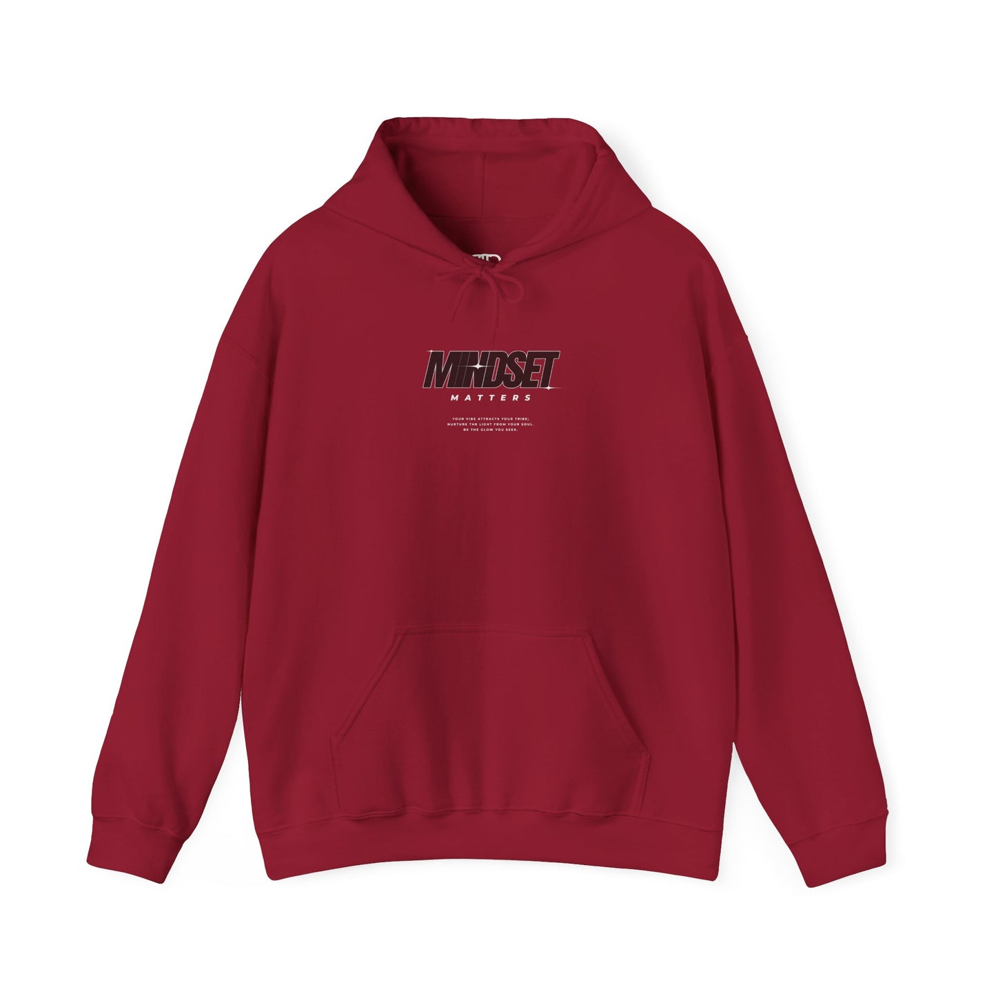 A garnet red hoodie "Mindset Matters" text with stars on hoodie, with an inspirational quote below.