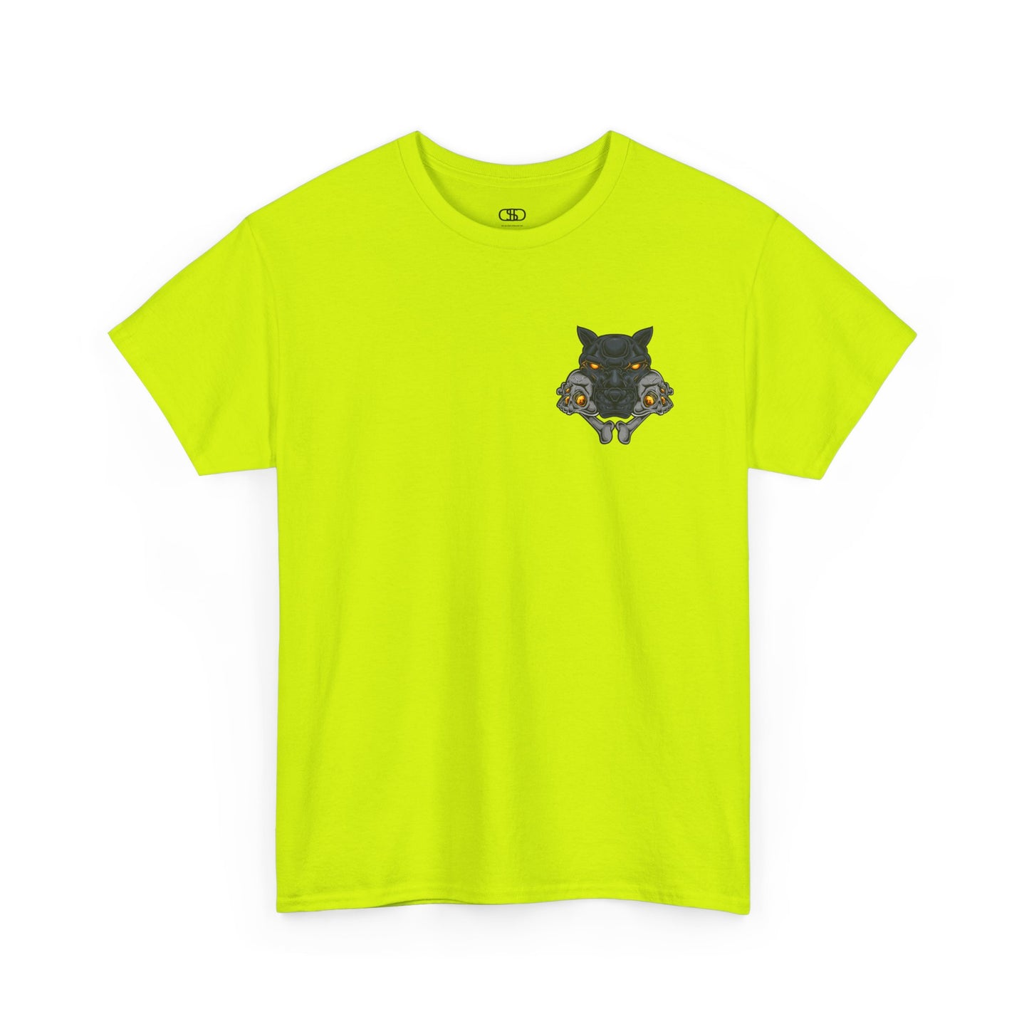 A safety green T-shirt with a daring dog graphic biting two skulls, all with glowing molten lava-like eyes.