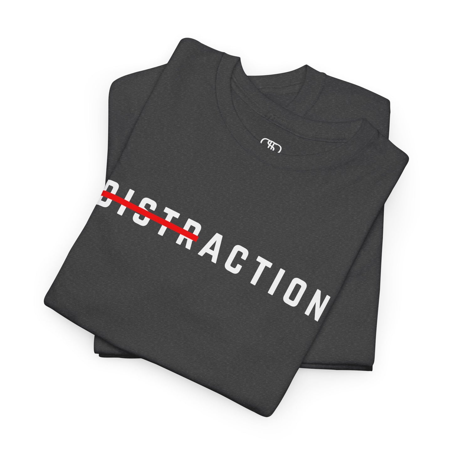 A folded minimalist t-shirt featuring the word "Distraction" with the 'Dist' part crossed out, emphasizing the word 'Action' in a bold font.