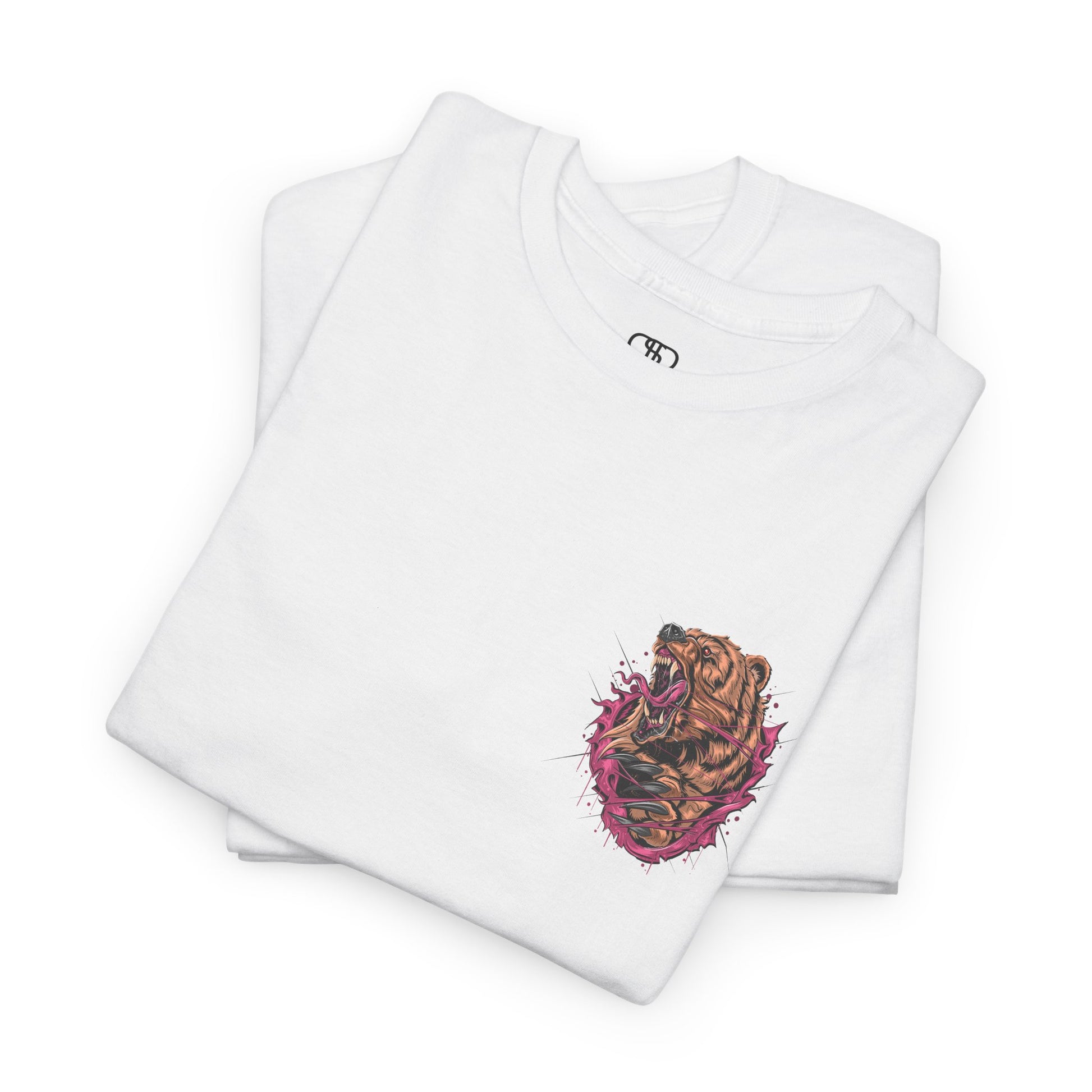 A folded white T-shirt with a graphic of a raging bear ripping through the fabric, growling, with claws out and red eyes.