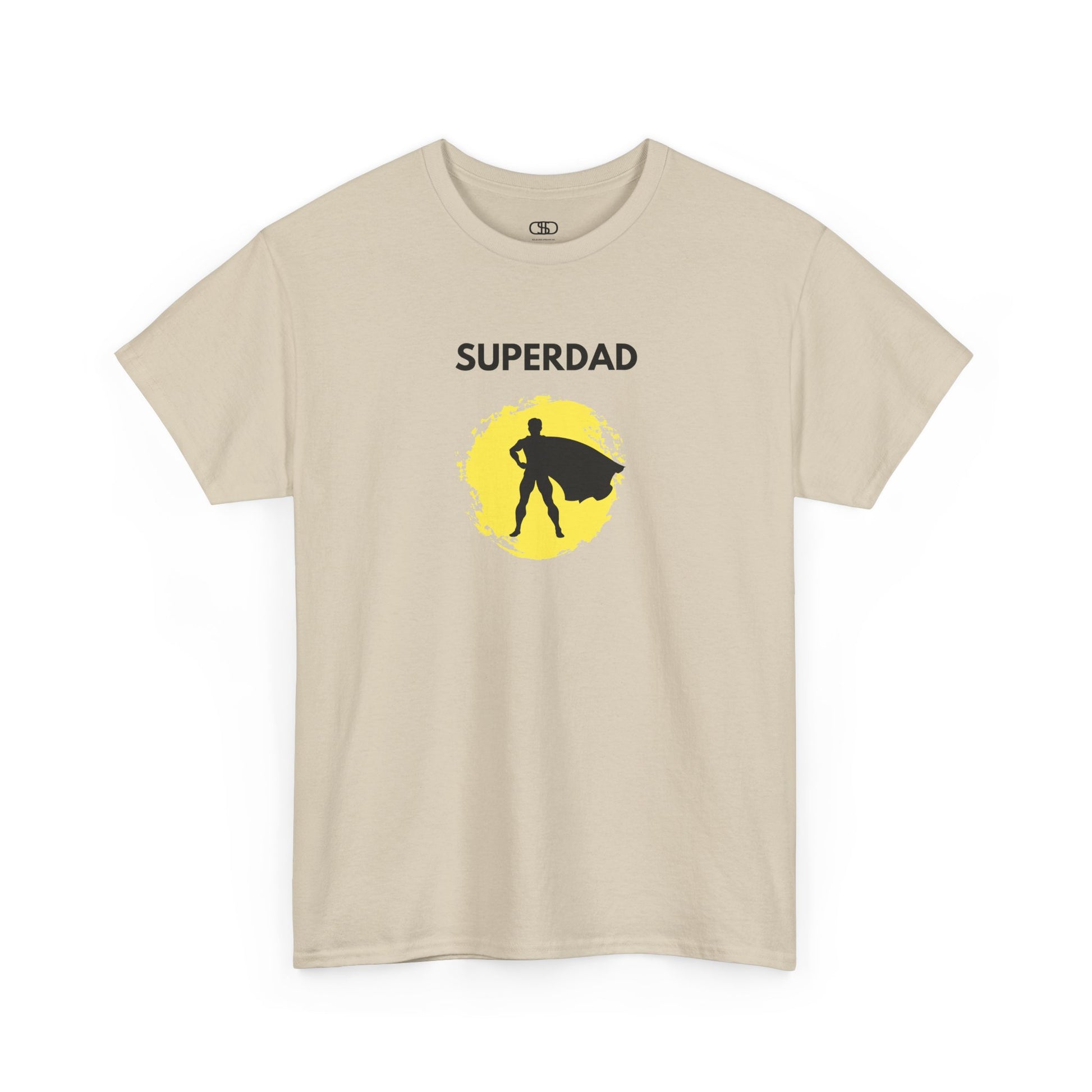 A sand colored T-shirt with a "Superdad" text and a silhouette of a person with a cape on a yellow circle background.