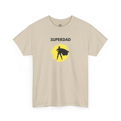 A sand colored T-shirt with a "Superdad" text and a silhouette of a person with a cape on a yellow circle background.