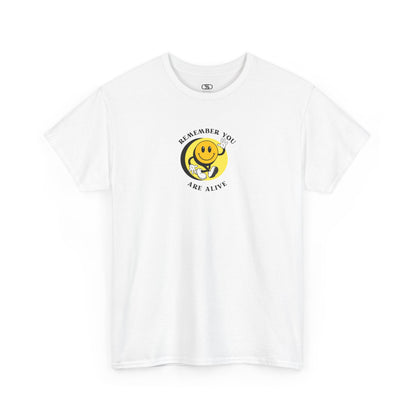 White Front of a t-shirt showing a smiling waving emoji with curved text "Remember You Are Alive." The back shows a vibrant, smiling sunflower with the words "Make the Best Out of Everyday."
