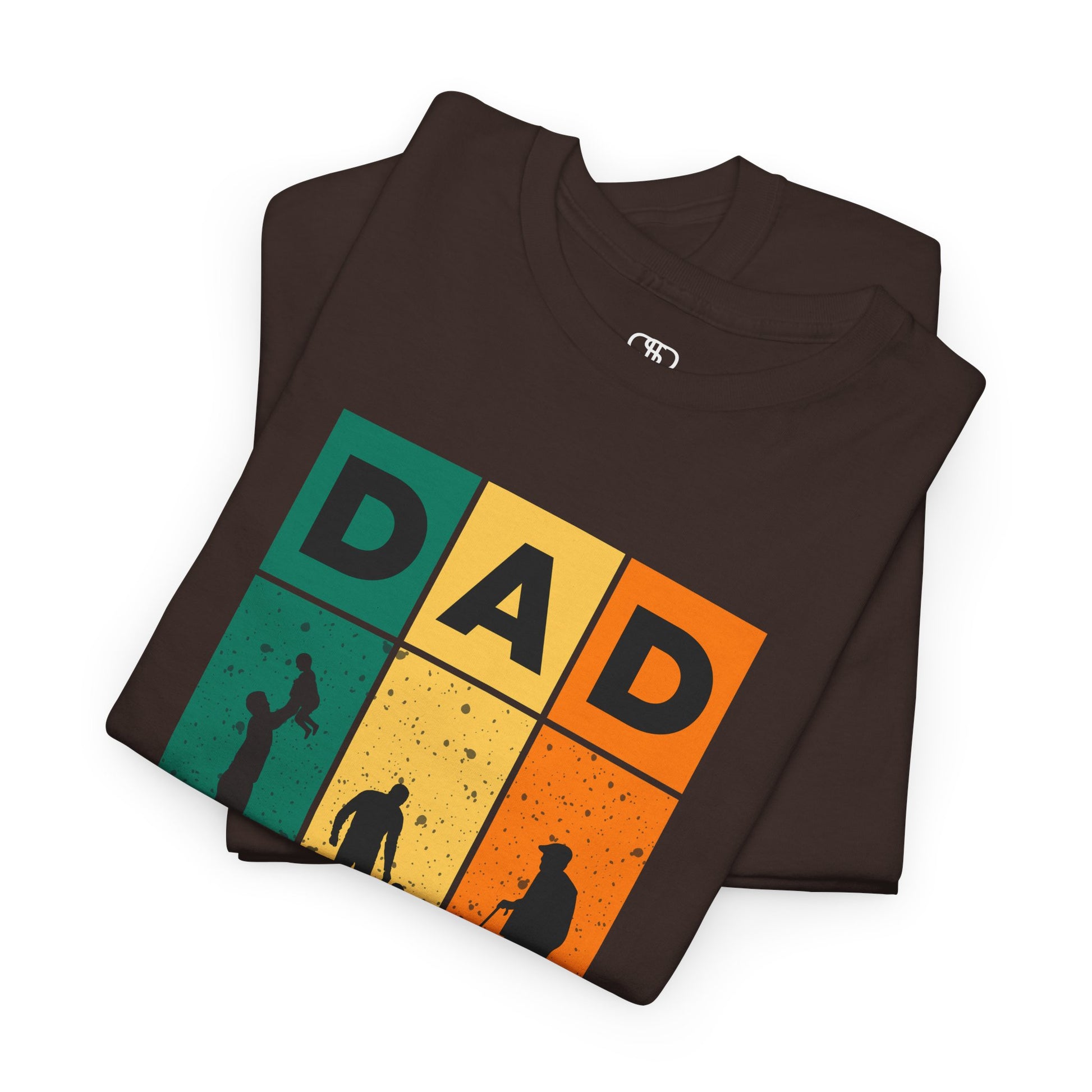 A folded dark brown T-shirt with "DAD" letters, each letter showing a different stage of a father's life (lifting child, walking with child, old age).