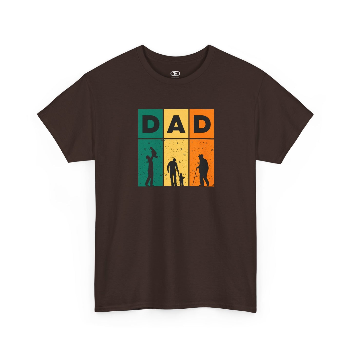 A dark chocolate T-shirt with "DAD" letters, each letter showing a different stage of a father's life (lifting child, walking with child, old age).