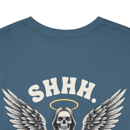 Shh. No one Cares Skeleton Angel Graphic Tee