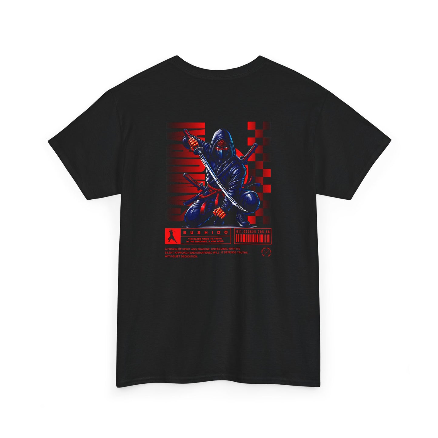 A black t-shirt featuring a Crouching ninja with two katanas and "Bushido" text, red and black Japanese-inspired t-shirt design.