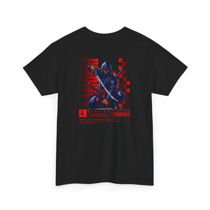 A black t-shirt featuring a Crouching ninja with two katanas and "Bushido" text, red and black Japanese-inspired t-shirt design.