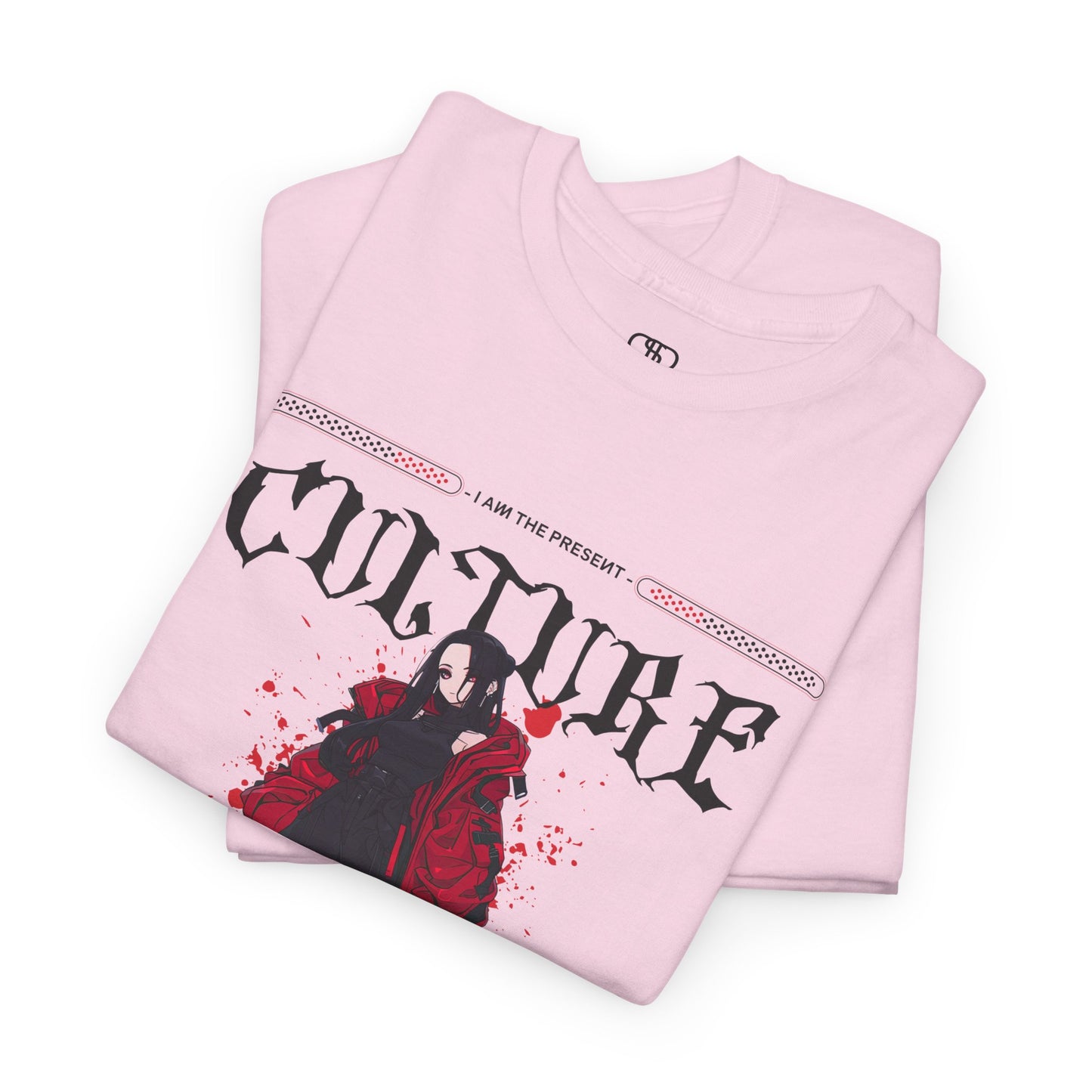 A FOLDED LIGHT PINK T-shirt with a futuristic female anime character, "I Am The Present" and "Culture" text, and an inspirational memo.