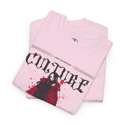 A FOLDED LIGHT PINK T-shirt with a futuristic female anime character, "I Am The Present" and "Culture" text, and an inspirational memo.