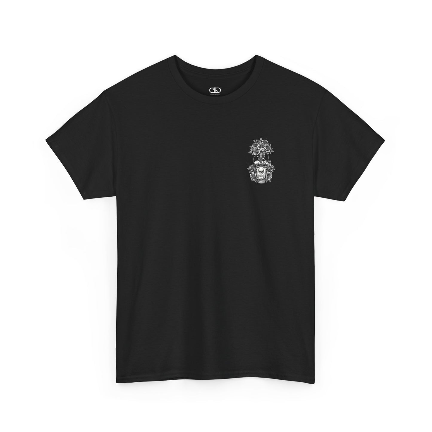 A black t-shirt with a skull and crossbones vase filled with roses and the words “Surviving Purely Out of Spite” in a gothic font.