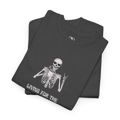 A folded heather gray T-shirt with a skeleton holding a hot coffee, displaying a rock hand symbol, and "Living For The Coffee" text.