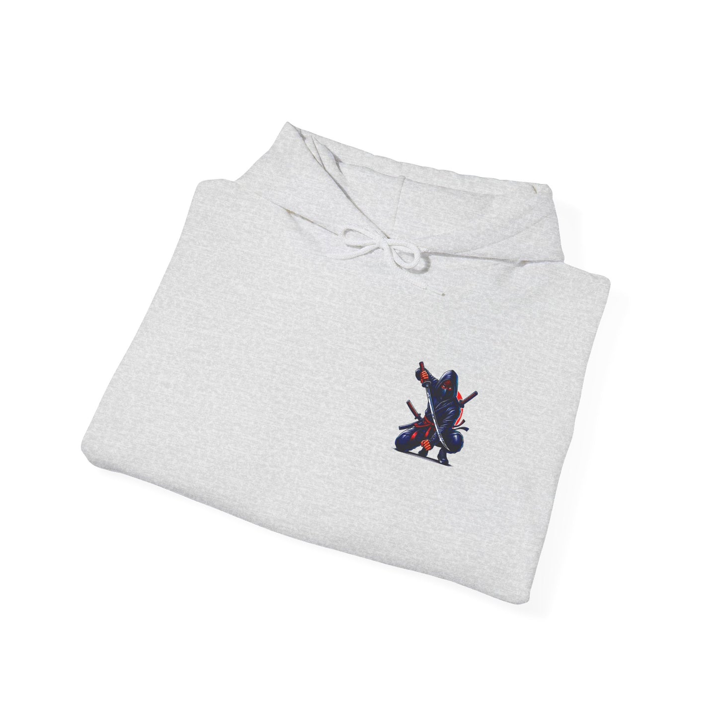 A folded ash gray hoodie featuring a Crouching ninja with two katanas and "Bushido" text, red and black Japanese-inspired hoodie design.