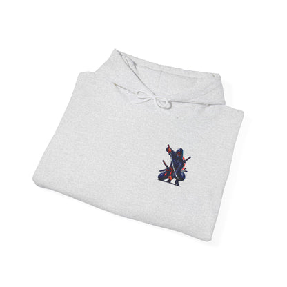 A folded ash gray hoodie featuring a Crouching ninja with two katanas and "Bushido" text, red and black Japanese-inspired hoodie design.