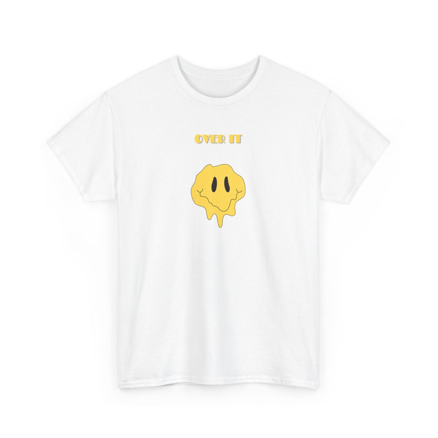 A t-shirt with a graphic of a yellow smiley face emoji melting into a puddle, with the words "Over It" printed below in a bold font.