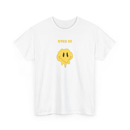 A t-shirt with a graphic of a yellow smiley face emoji melting into a puddle, with the words "Over It" printed below in a bold font.