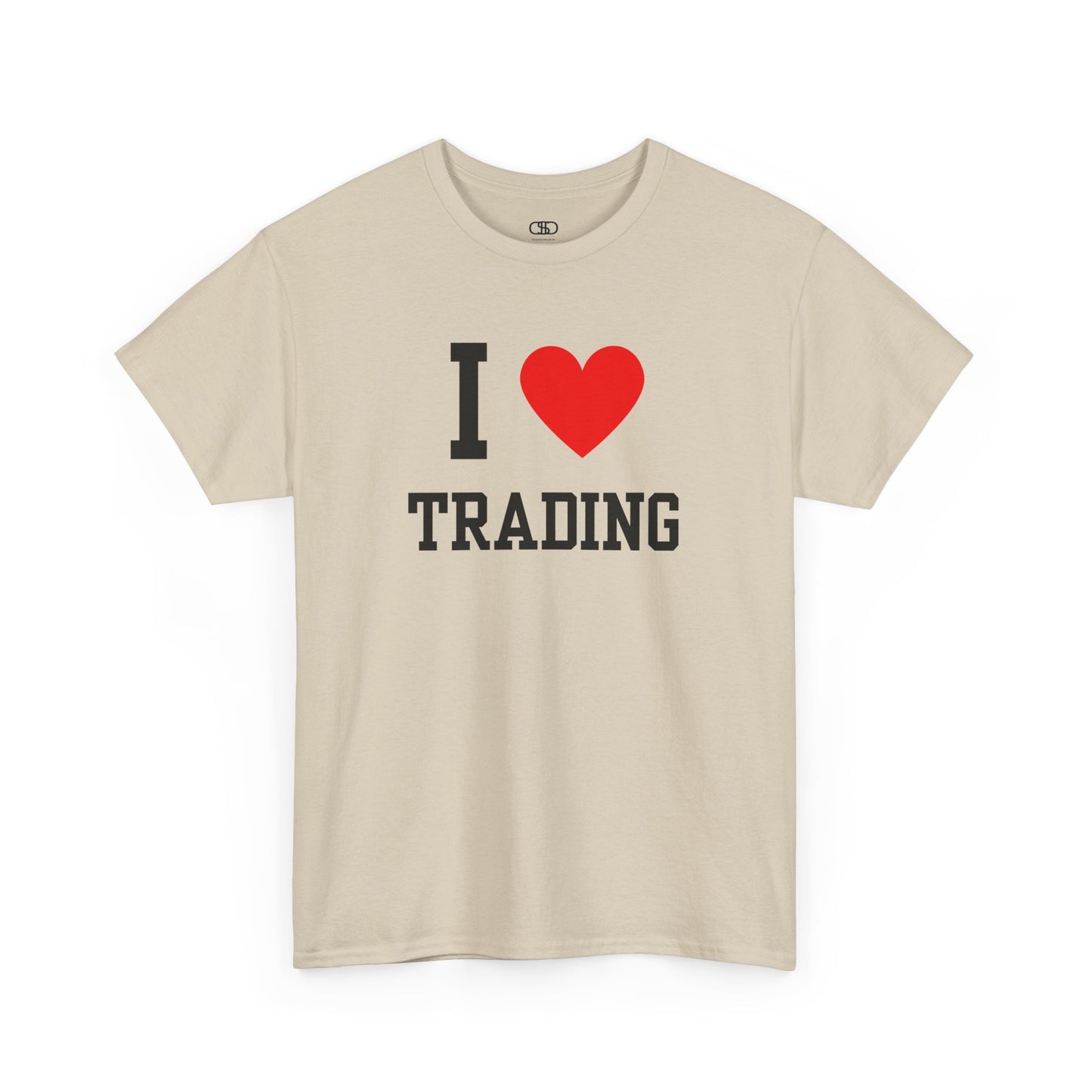 A minimalist t-shirt featuring the "I Love  design with the text "I," a red heart symbol, and the word "Trading" underneath.