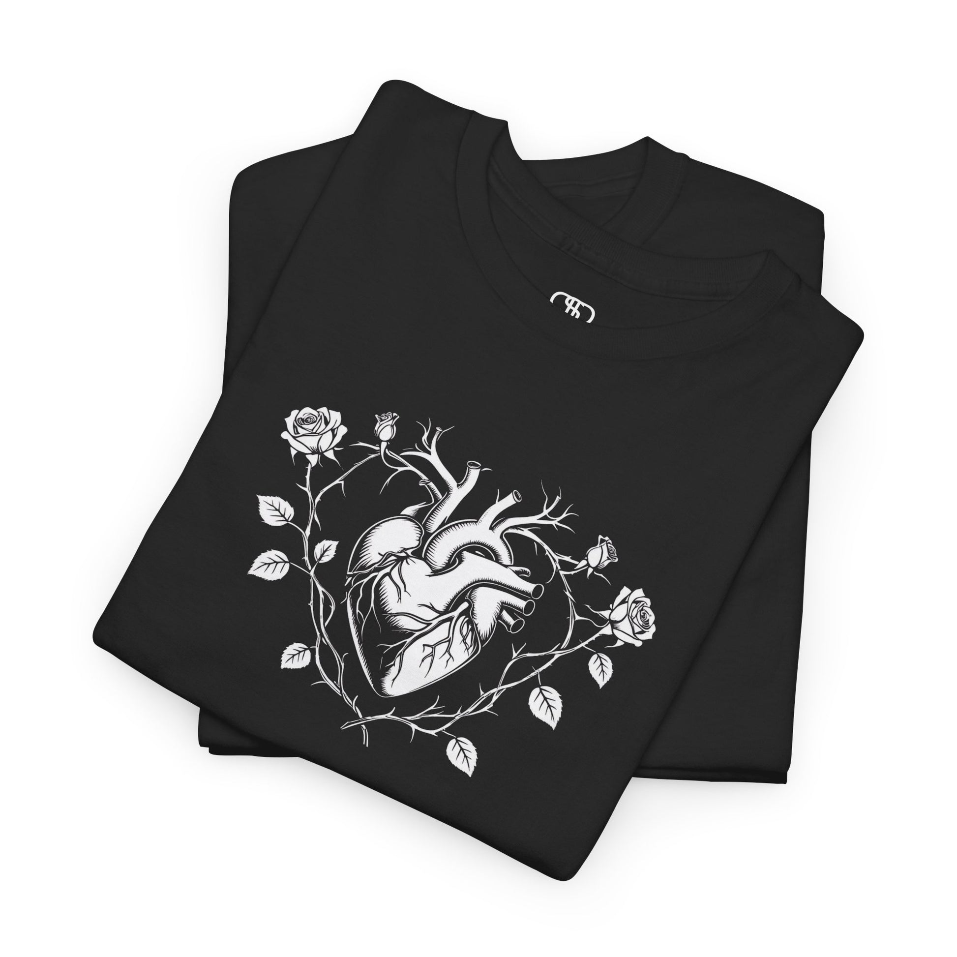 Black t-shirt with a heart surrounded by thorn vines, red roses, and green leaves graphic.