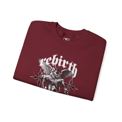 A folded garnet red Sweater featuring an Angel carrying a figure with "Rebirth" text, white and black gothic spiritual art apparel.