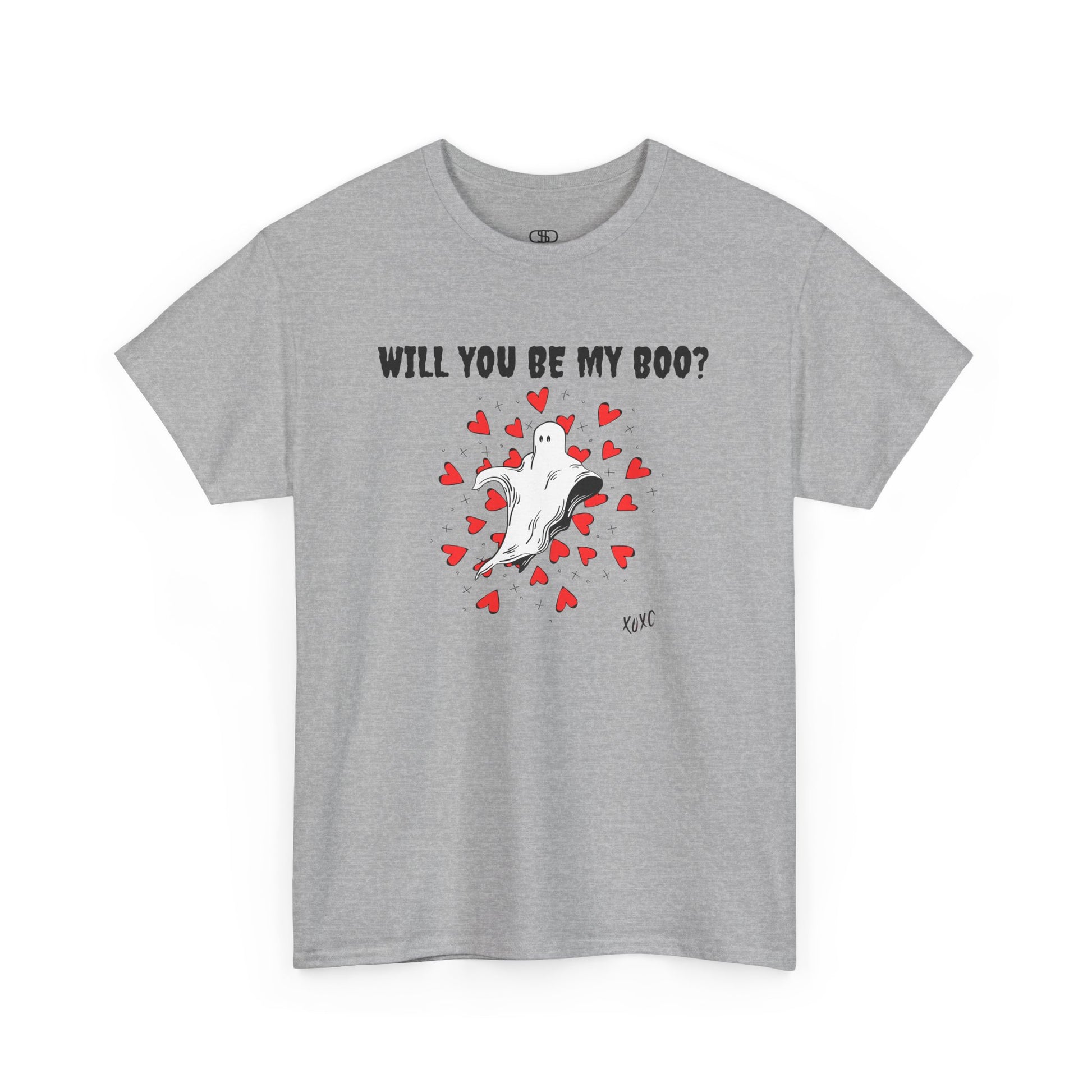  A t-shirt featuring a cute floating ghost surrounded by bursting hearts. At the top of the design, the text reads, "Will You Be my Boo?"