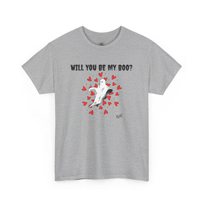  A t-shirt featuring a cute floating ghost surrounded by bursting hearts. At the top of the design, the text reads, "Will You Be my Boo?"