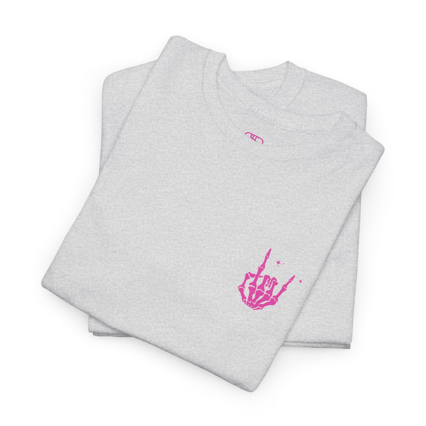 A folded ash gray t-shirt with a skeletal rock hand on the front and a melting emoji with the phrase “I match energy So ho we gon’ Act Today?” on the back.