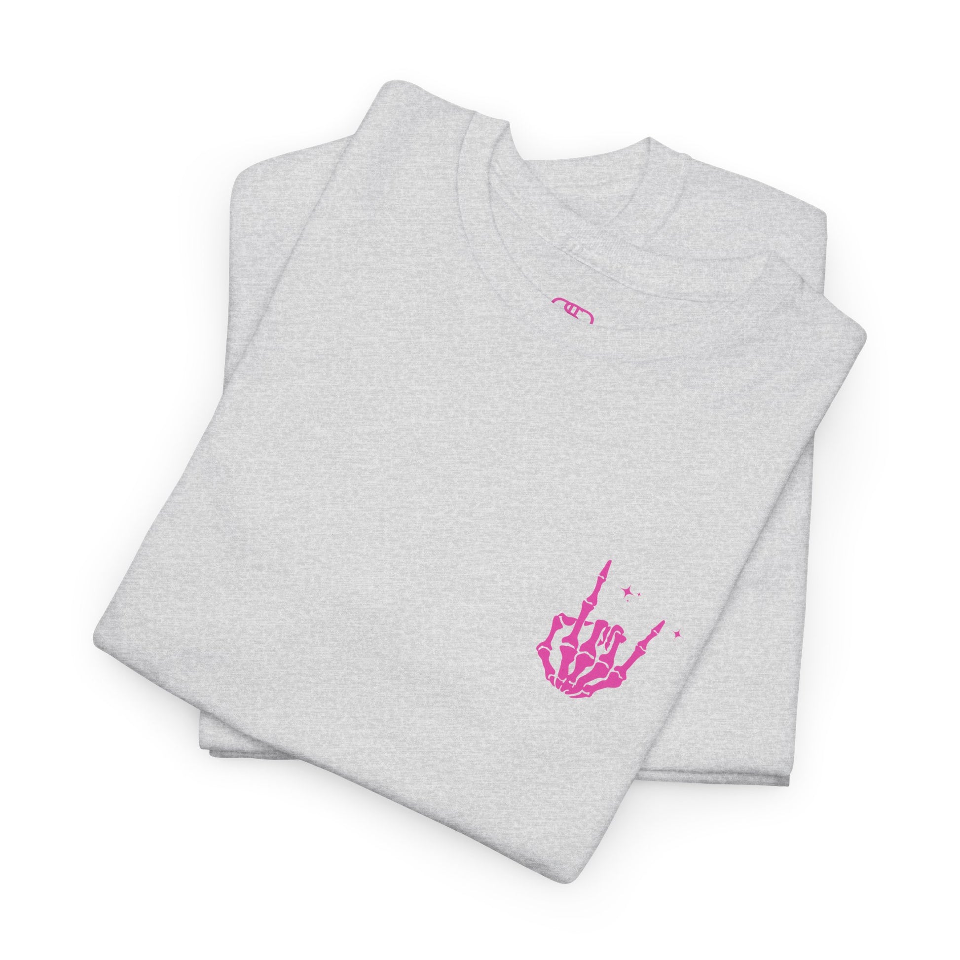 A folded ash gray t-shirt with a skeletal rock hand on the front and a melting emoji with the phrase “I match energy So ho we gon’ Act Today?” on the back.