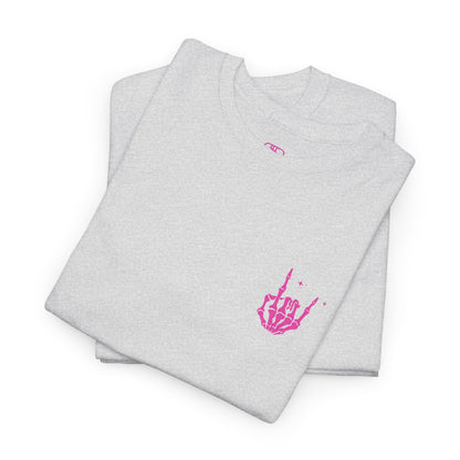 A folded ash gray t-shirt with a skeletal rock hand on the front and a melting emoji with the phrase “I match energy So ho we gon’ Act Today?” on the back.