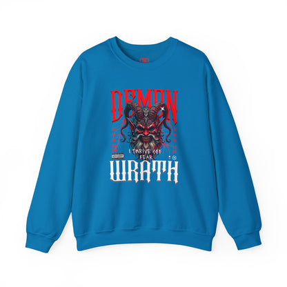 A sapphire blue sweater featuring a Red horned demon head with "Demon Wrath" text and lightning, gothic horror apparel design.