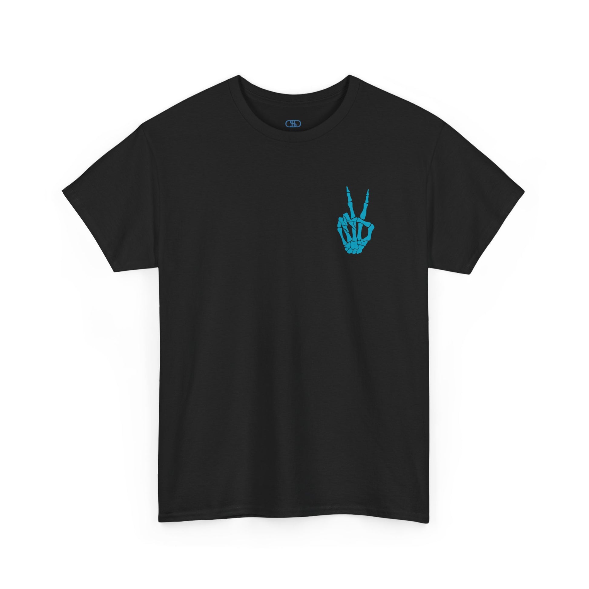 A [black] t-shirt with a skeletal peace sign on the front and the phrase “Have the day you deserve” with a large skeletal peace sign on the back.