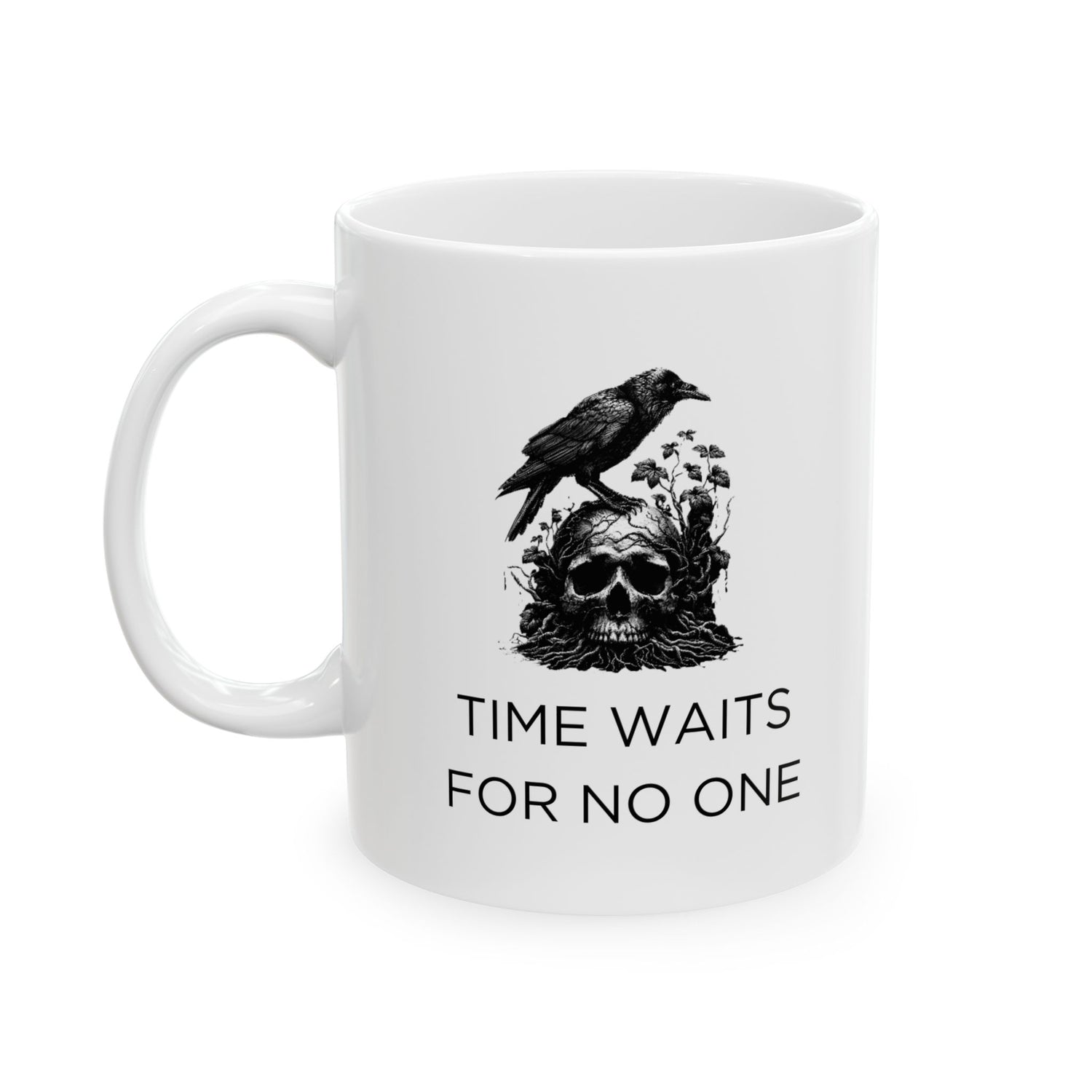 A coffee mug with a gothic design of a crow standing on a human skull. Overgrown vines and plants surround the scene, with the words “Time Waits for No One” printed below.
