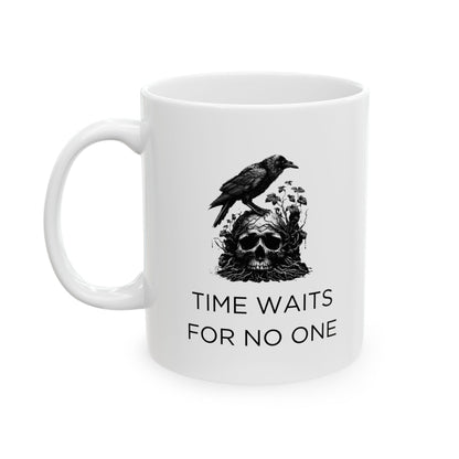 A coffee mug with a gothic design of a crow standing on a human skull. Overgrown vines and plants surround the scene, with the words “Time Waits for No One” printed below.