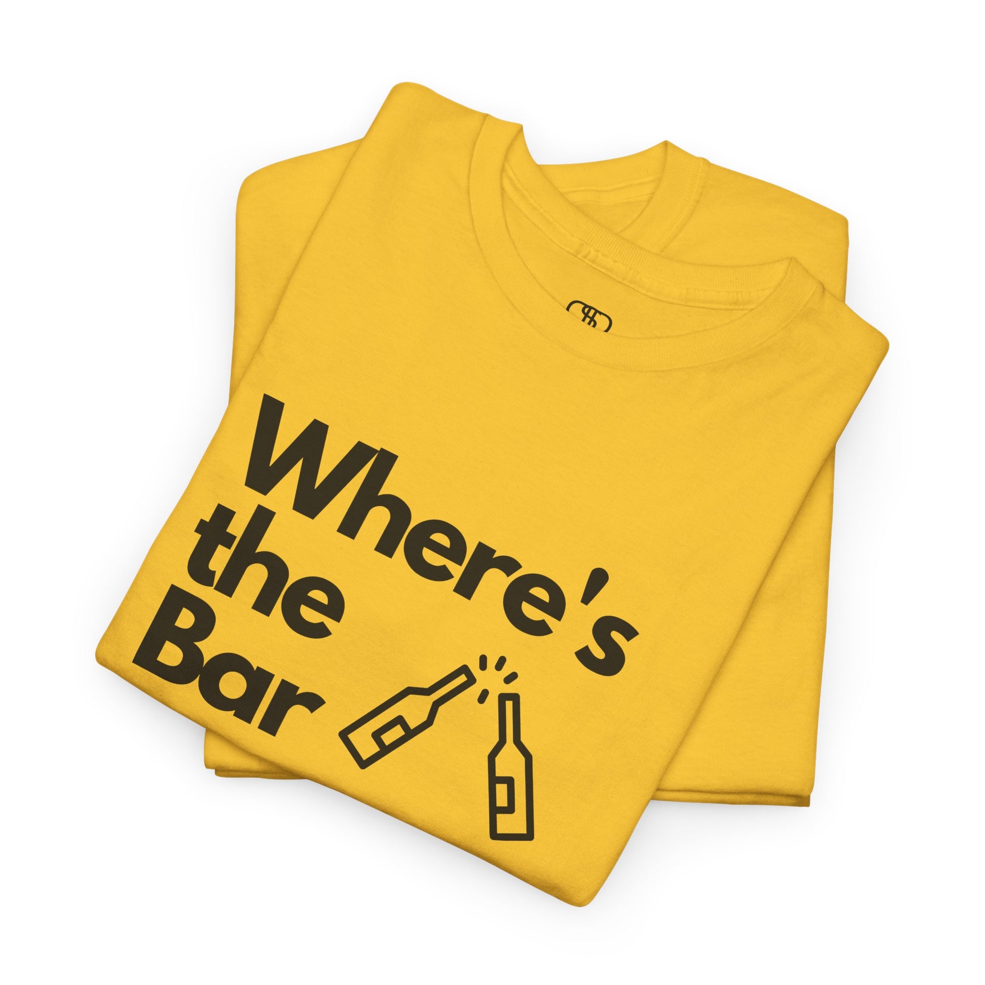 A folded T-shirt with "Where’s the Bar" text, two beer bottles cheering, and "I Need a Drink" text.