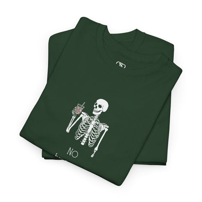 A folded forest green  T-shirt with a skeleton holding a drink graphic and "No Hangovers" text.