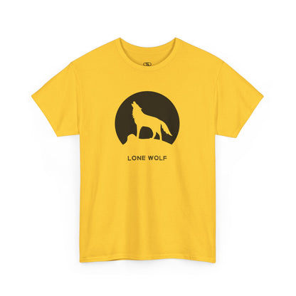 Graphic t-shirt with a black silhouette of a wolf howling on a mountain peak, with the words 'lone wolf' underneath.