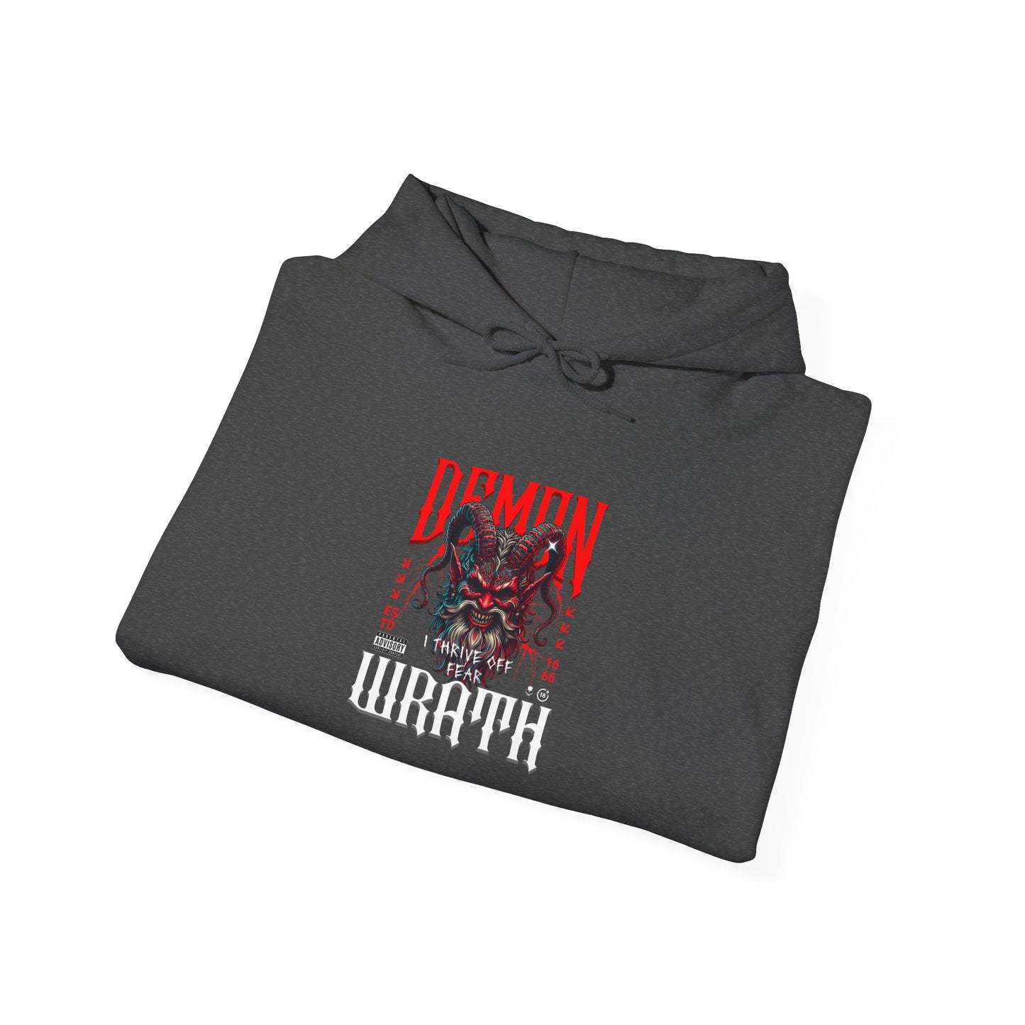 A folded heather gray hoodie featuring a Red horned demon head with "Demon Wrath" text and lightning, gothic horror apparel design.