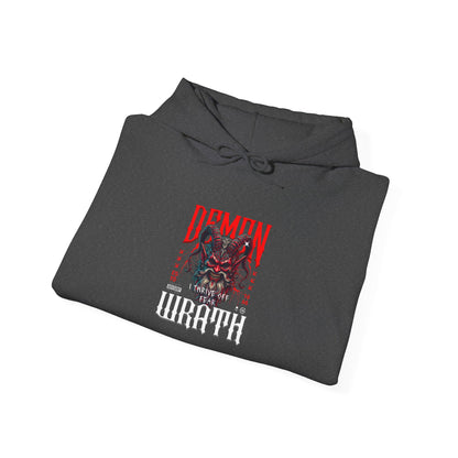 A folded heather gray hoodie featuring a Red horned demon head with "Demon Wrath" text and lightning, gothic horror apparel design.
