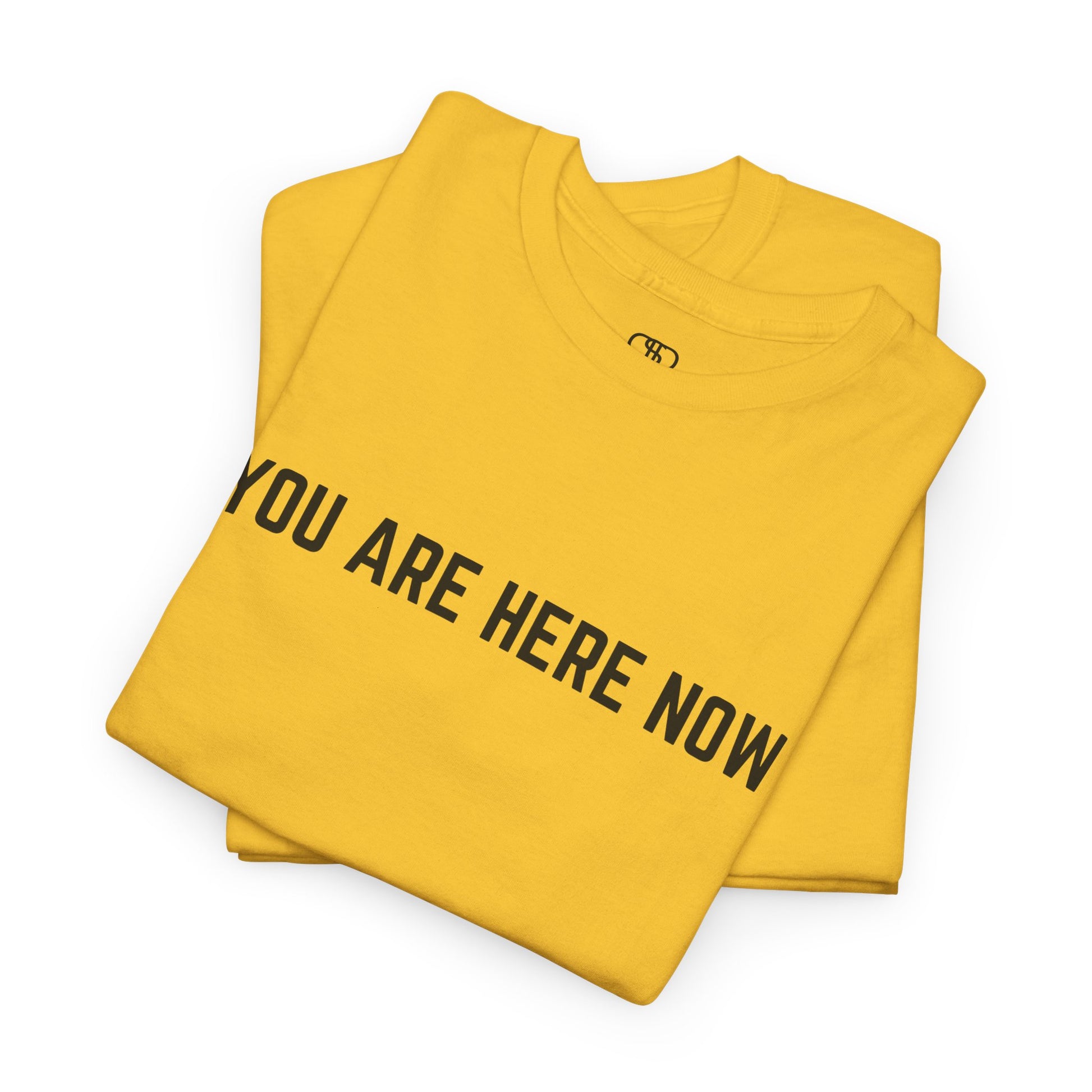 A folded daisy t-shirt with the words "You are Here Now." 
