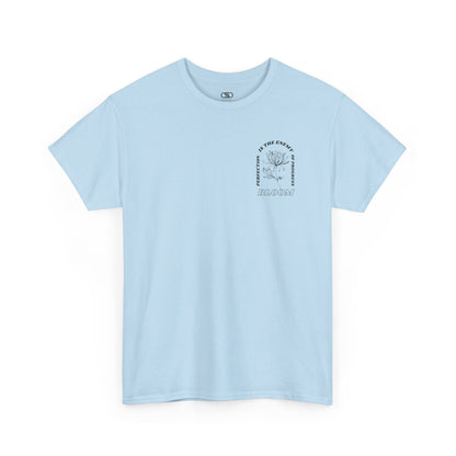 A [light blue] t-shirt with a central flower design and the words “Perfection is the enemy of progress” and “Bloom” underneath it the phrase "Consistent effort breeds greatness," found on the back of the t-shirt.