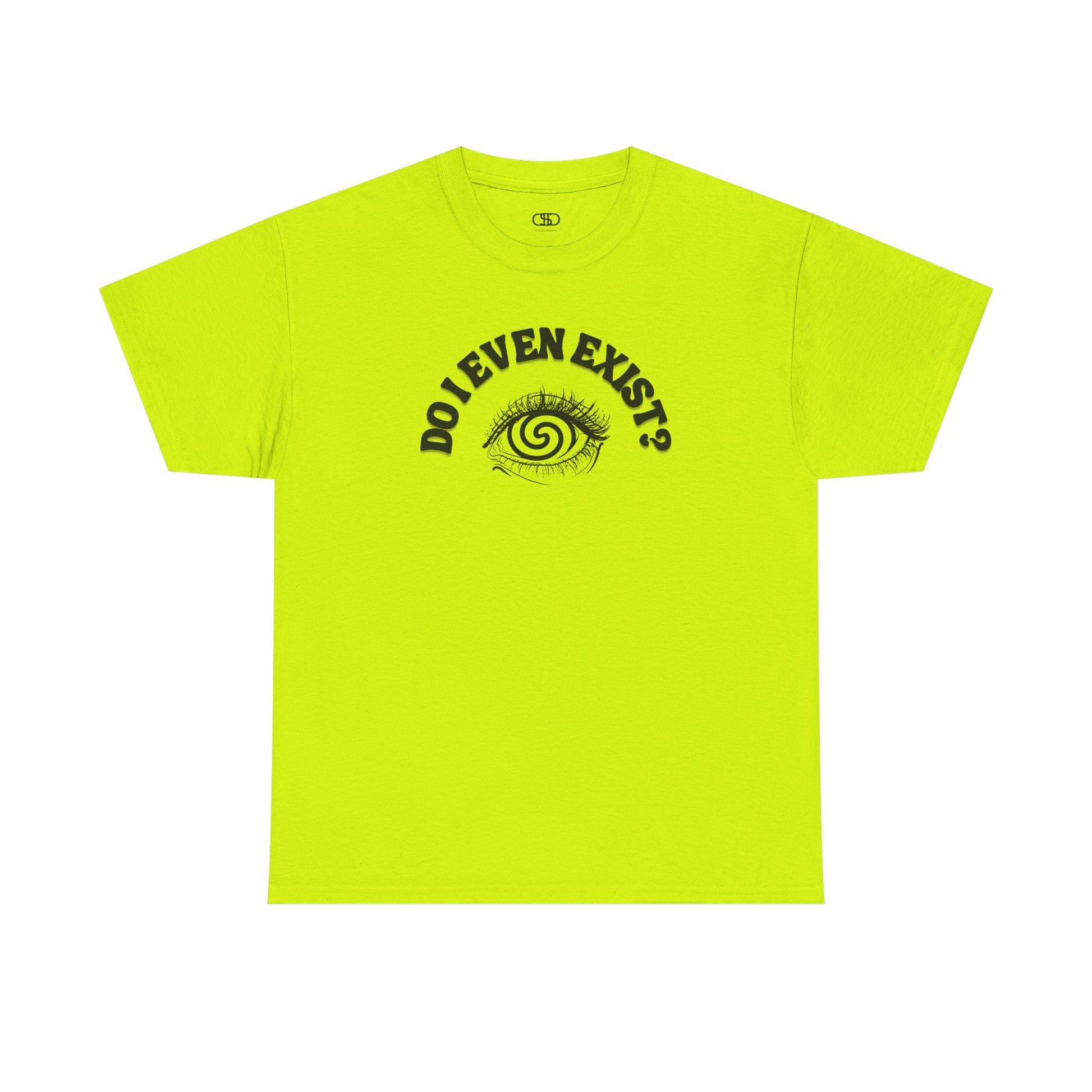 Safety Green T-shirt with an eyeball and a mind-bending optical illusion and the text "Do I even exist?"