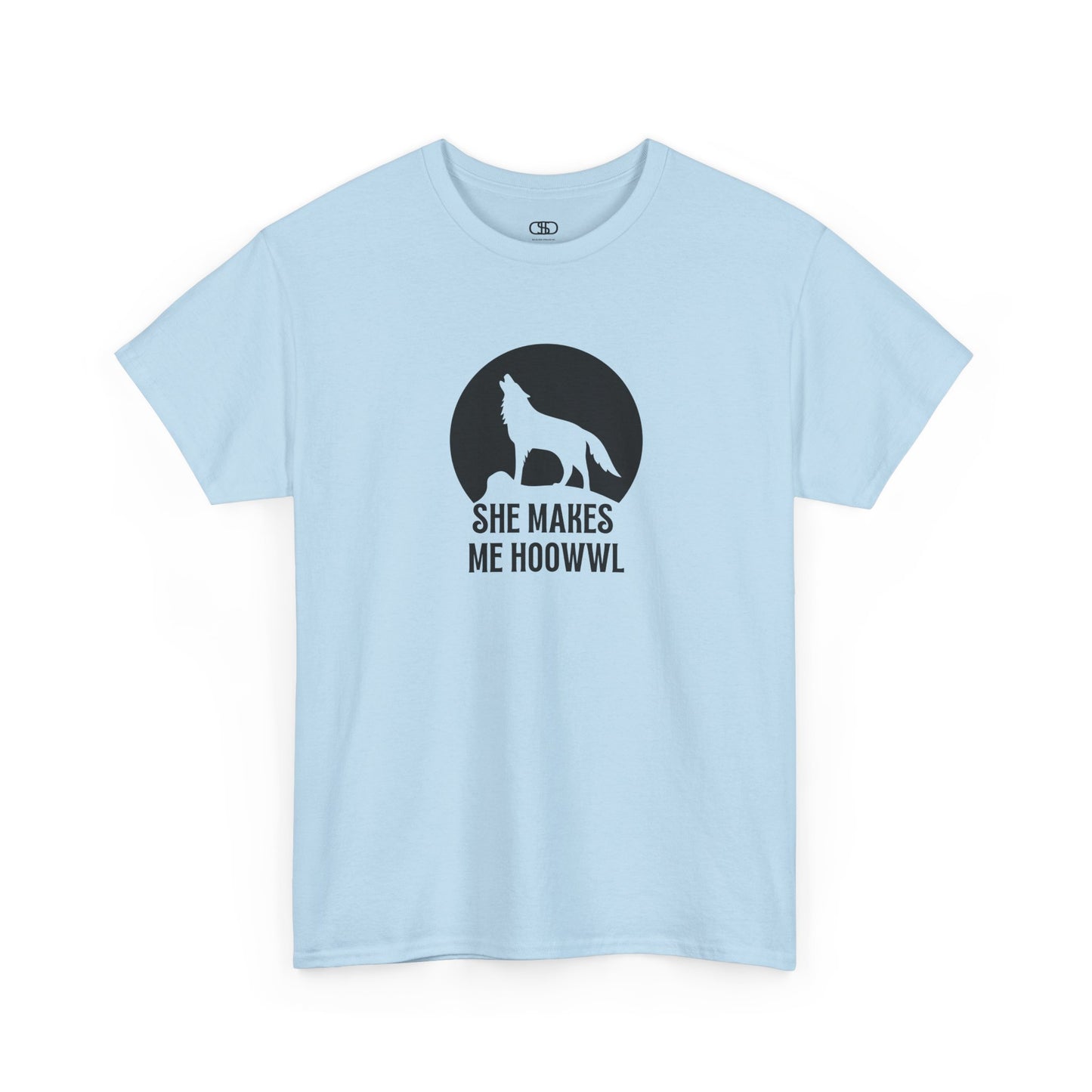 A light blue T-shirt with a wolf silhouette howling at the moon on a cliff, and "She makes me HOOWWL" text.