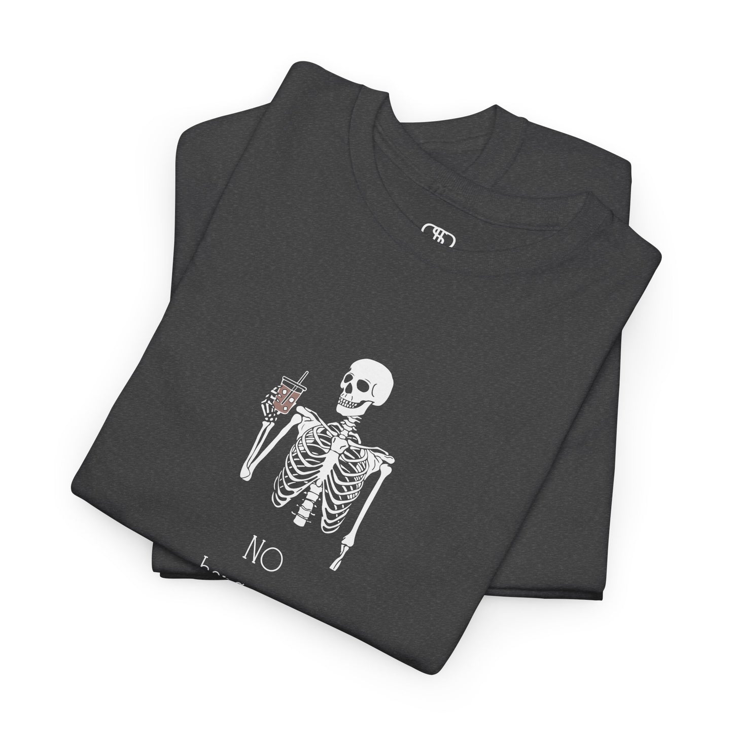 A folded dark heather  T-shirt with a skeleton holding a drink graphic and "No Hangovers" text.