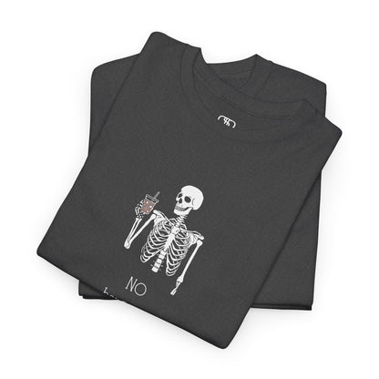 A folded dark heather  T-shirt with a skeleton holding a drink graphic and "No Hangovers" text.