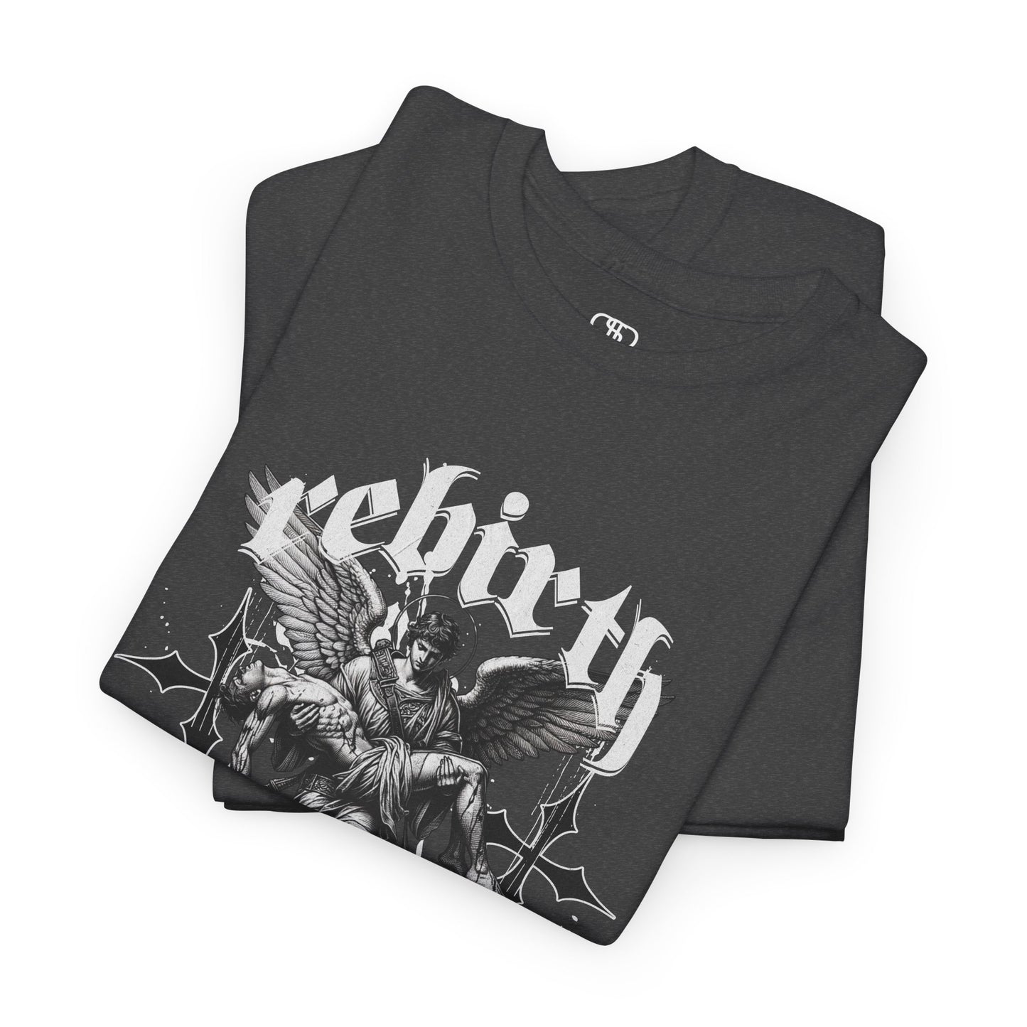 A folded dark heather gray T-shirt featuring a Angel carrying a figure with "Rebirth" text, white and black gothic spiritual art t-shirt. 