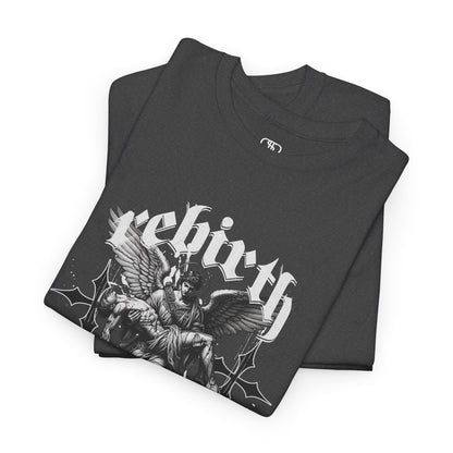 A folded dark heather gray T-shirt featuring a Angel carrying a figure with "Rebirth" text, white and black gothic spiritual art t-shirt. 