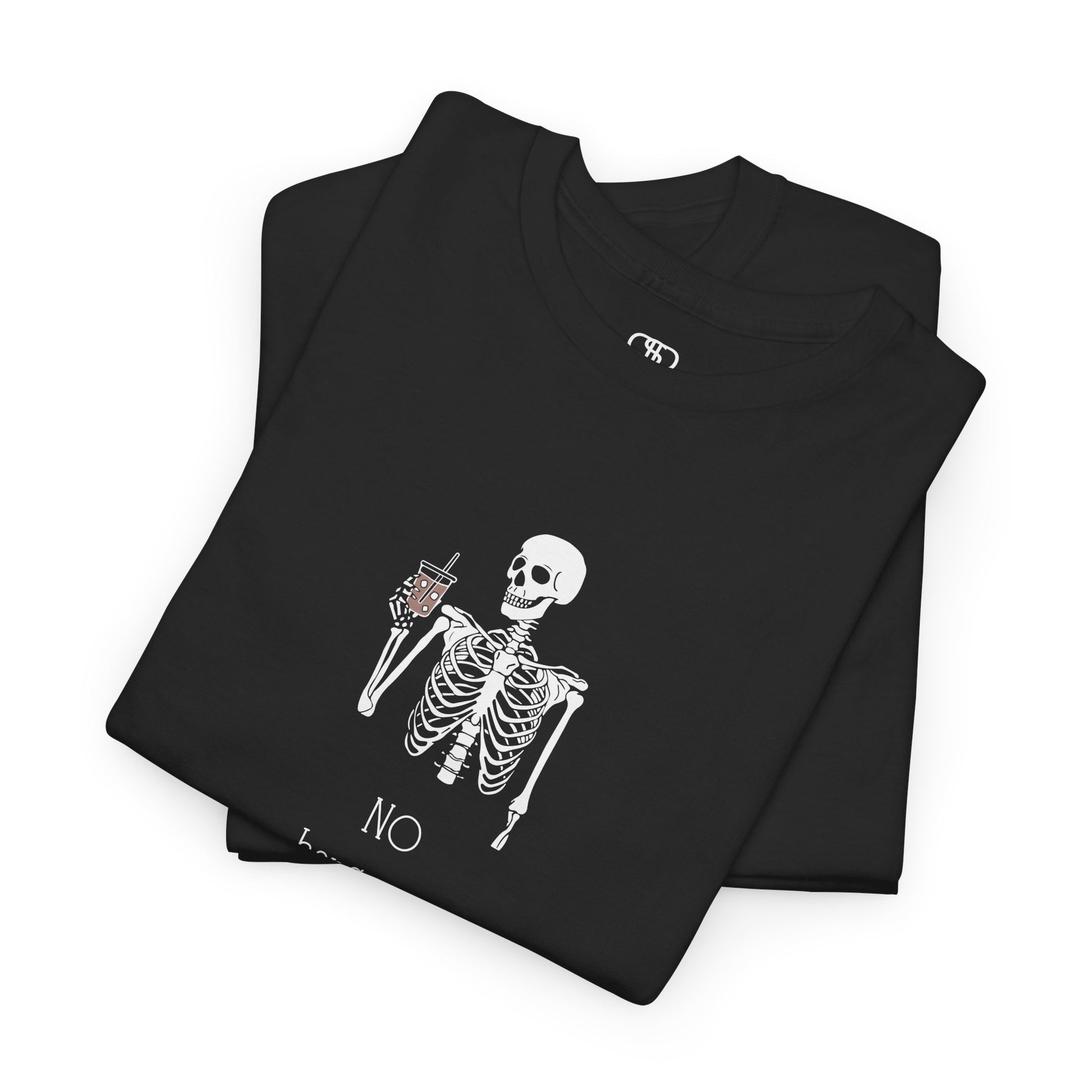 A folded black T-shirt with a skeleton holding a drink graphic and "No Hangovers" text.